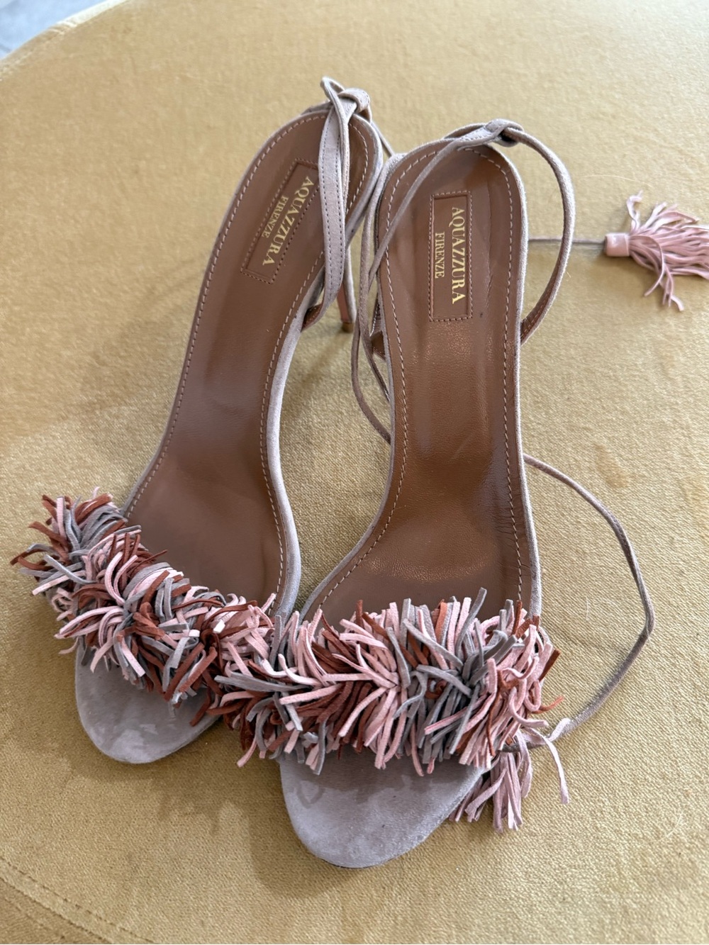 Aquazzura Blush Suede Fringe Ankle-Tie Sandals